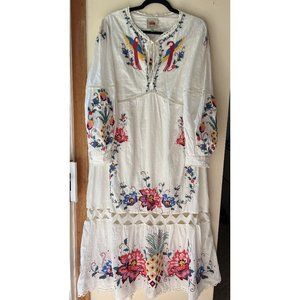 Farm Rio Macaw Cross-Stitch Embroidered Midi Dress Large ALTERED to petite L